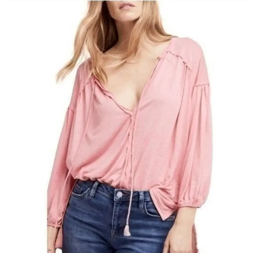 Free People We The Free Flowing Lightweight Linen Blend Tassel Peasant Blouse